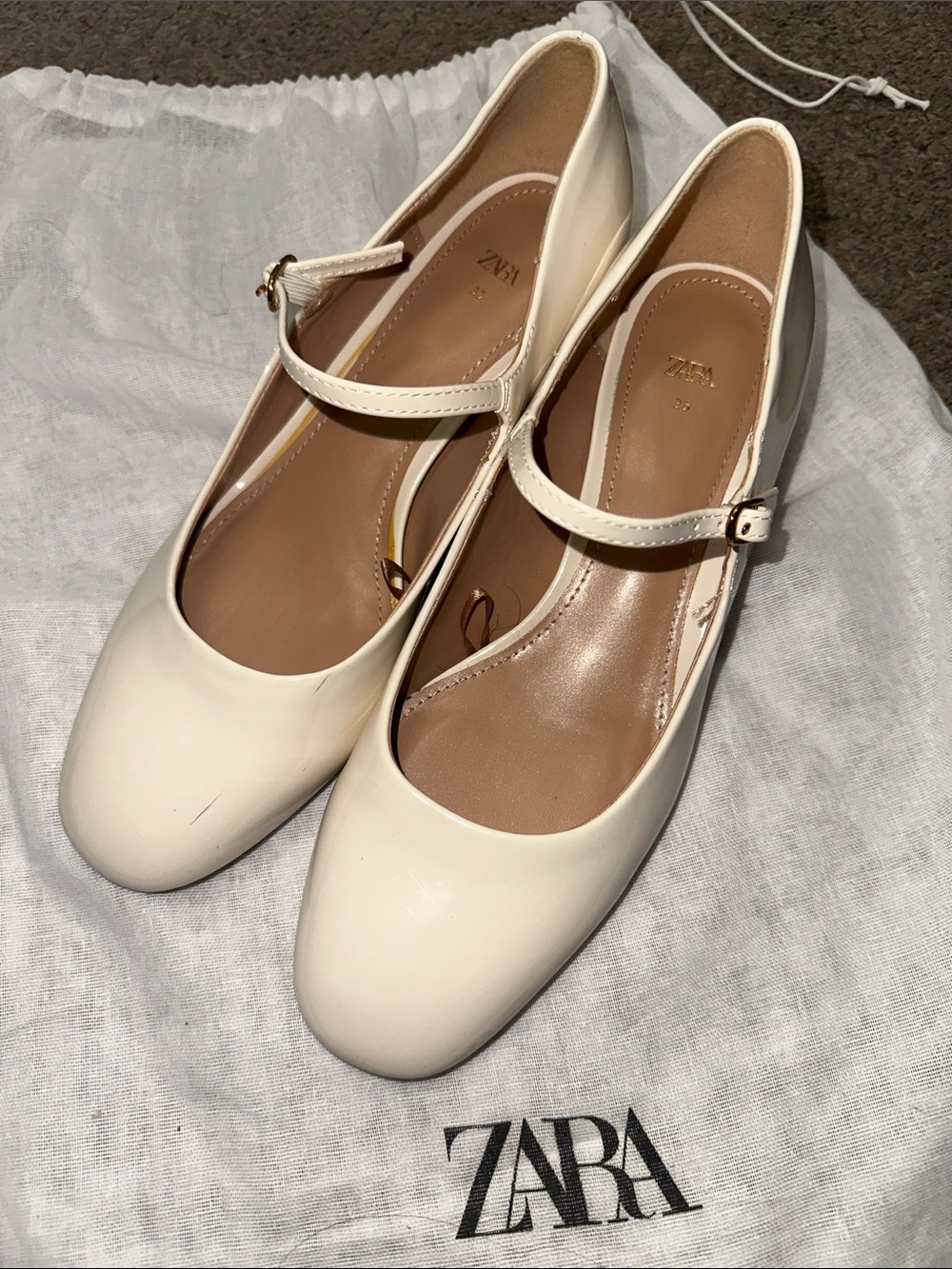 ZARA Cream Patent Mary Jane Heels with Ankle Strap
